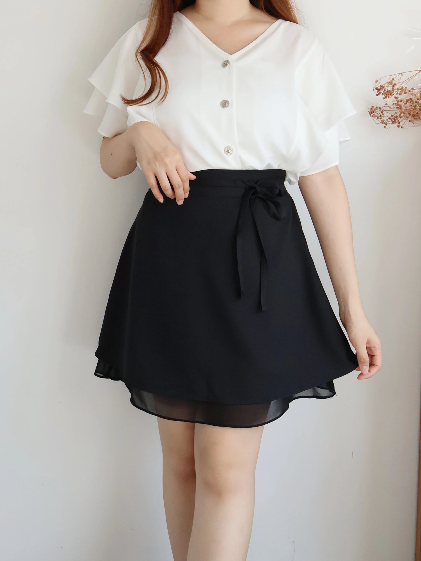 Elegant Ribbon Sheer A-Line Skirt(Black)