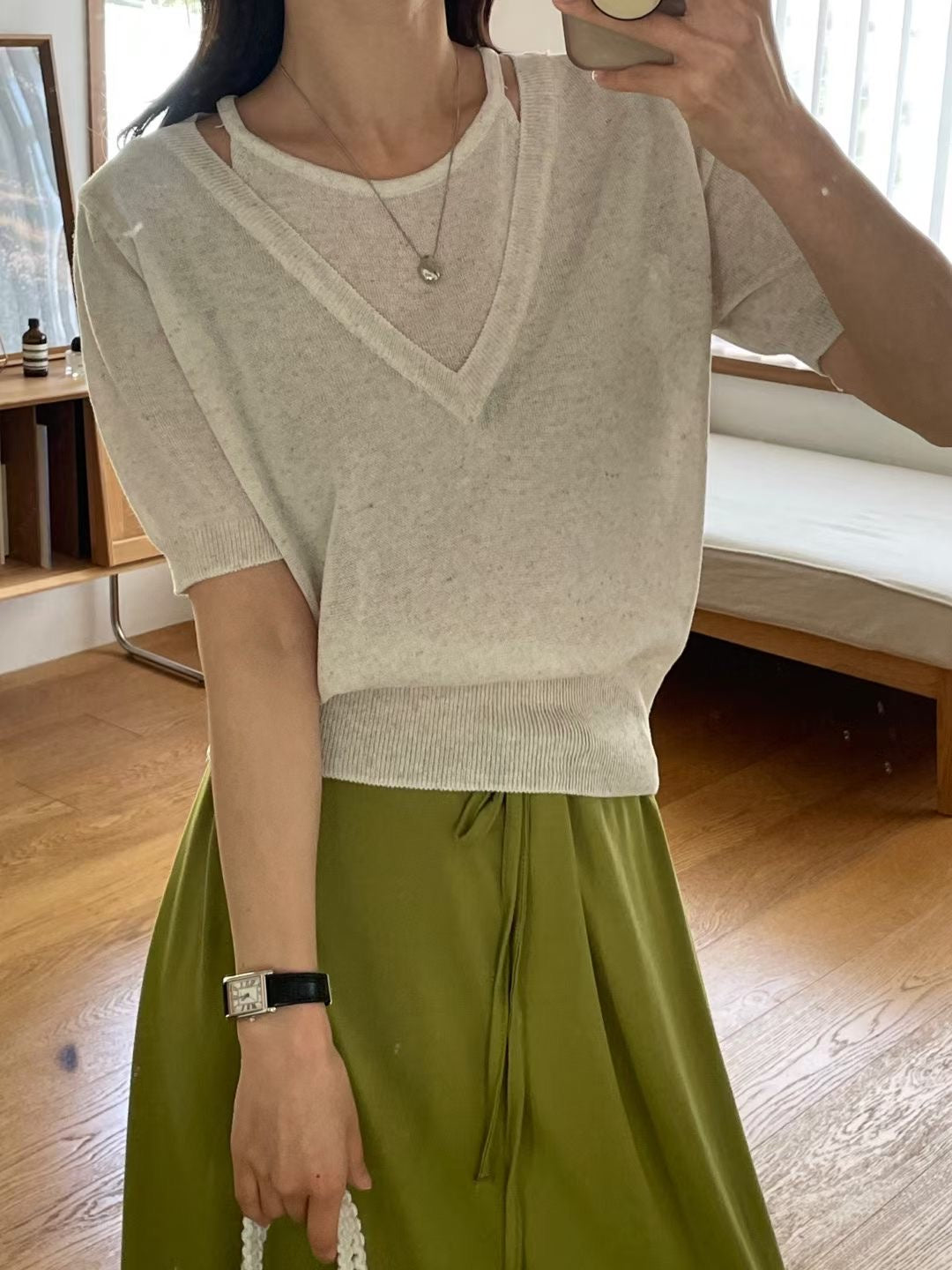 Elegant Faux-Layered Linen Knit Top(5 colors)