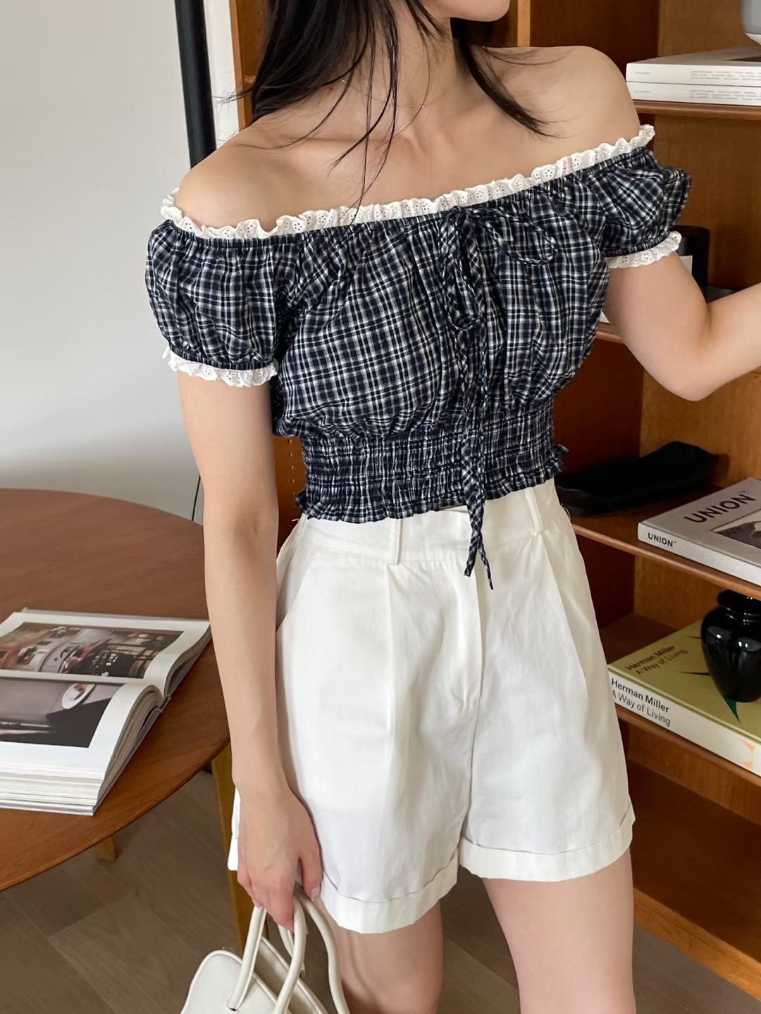 Cottagecore Lace Plaid Puff Sleeve Blouse(3 colors)