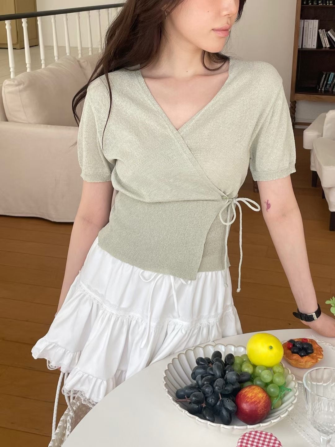 Elegant Tie-Detail Wrap Knit Top(5 Colors)