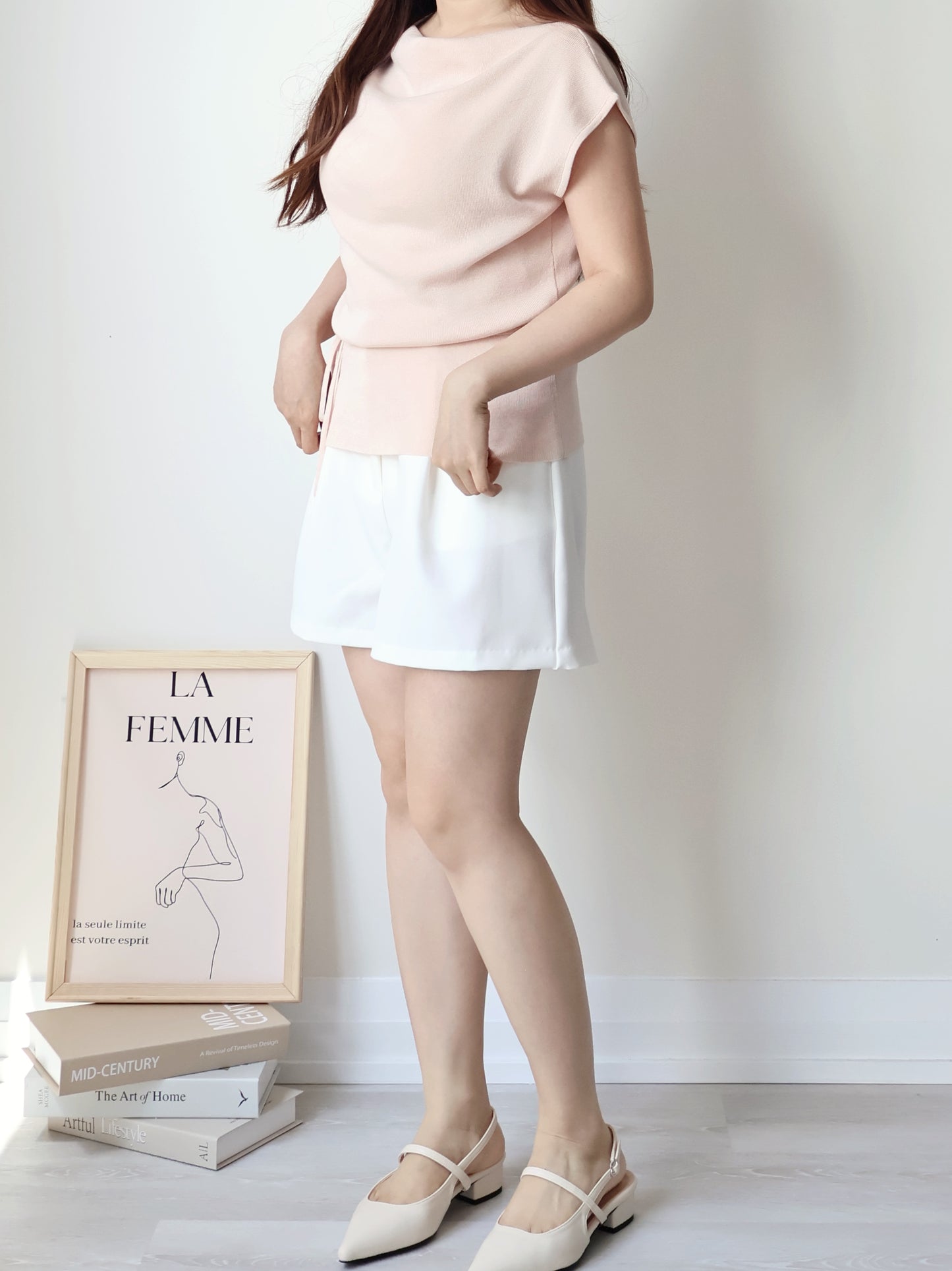 2-way French Chic Drape Neck Icy Knit Top(Peach)
