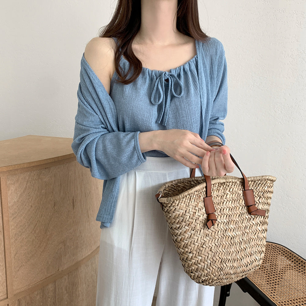 Airy Relaxed Linen Cami & Cardigan 2-Piece Set(Blue)