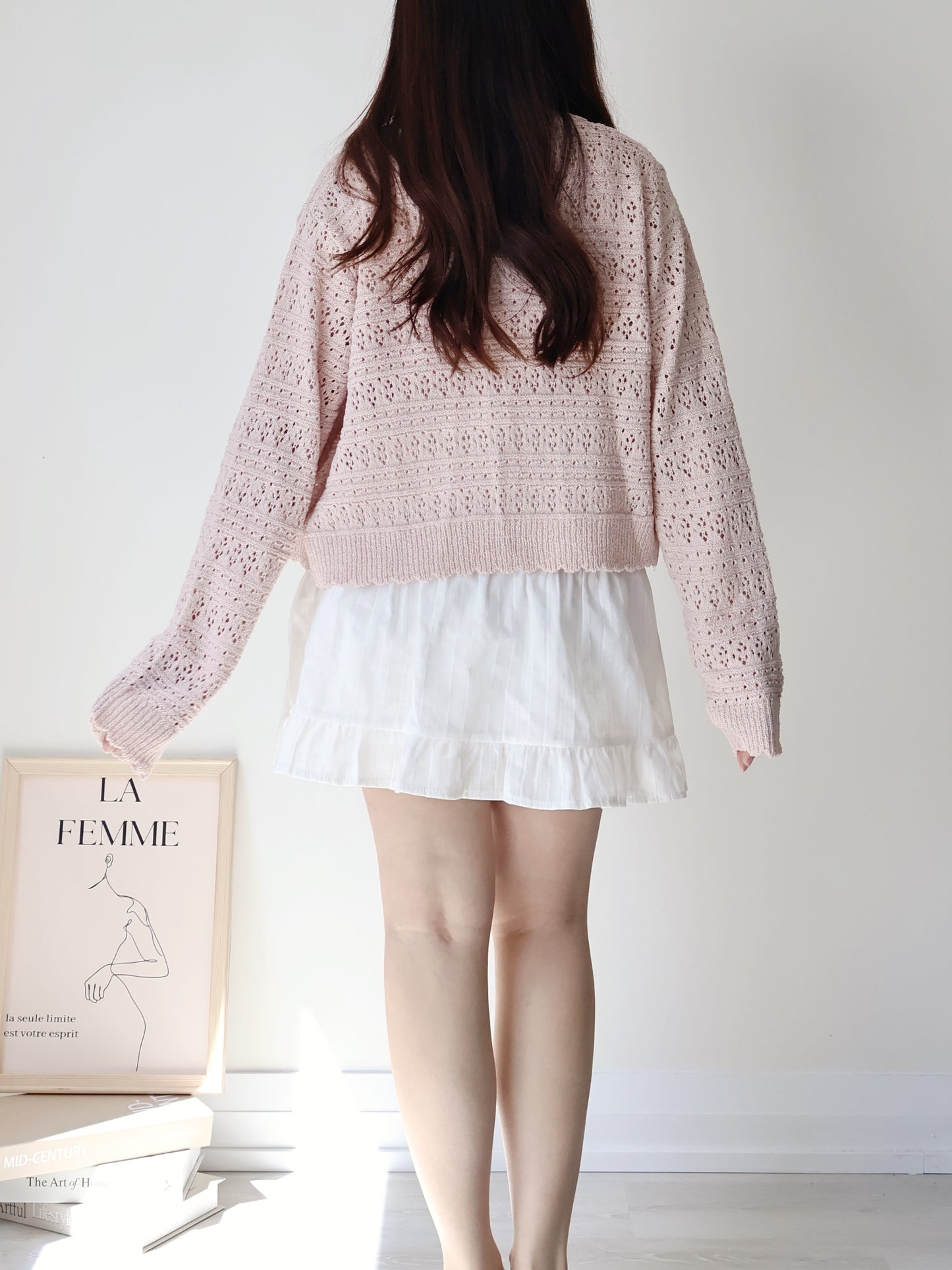 Romance V-Neck Eyelet Knit Cardigan(Peach)