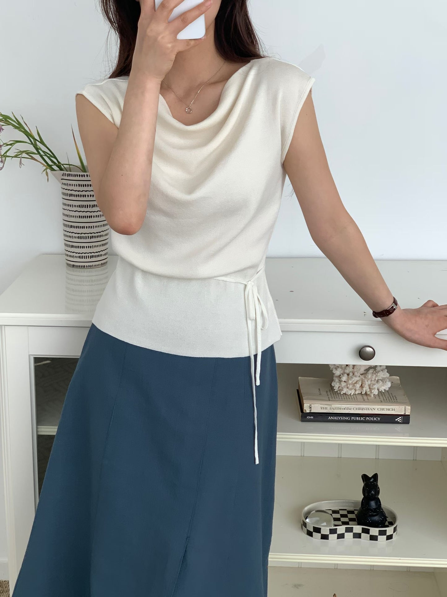2-way French Chic Drape Neck Icy Knit Top(Cream)