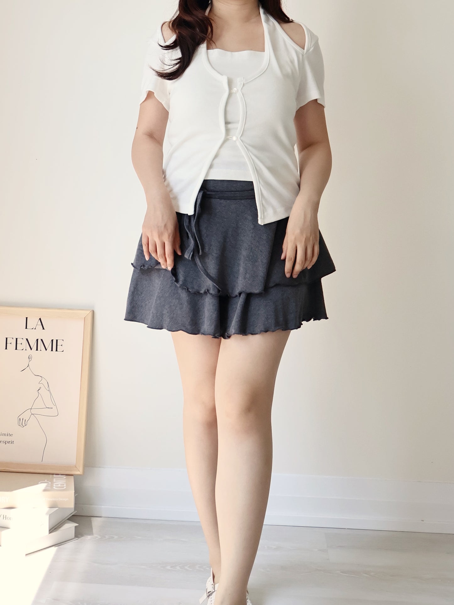 Flowy Flex-Waist Tiered A-Line Mini Skirt(Charcoal)