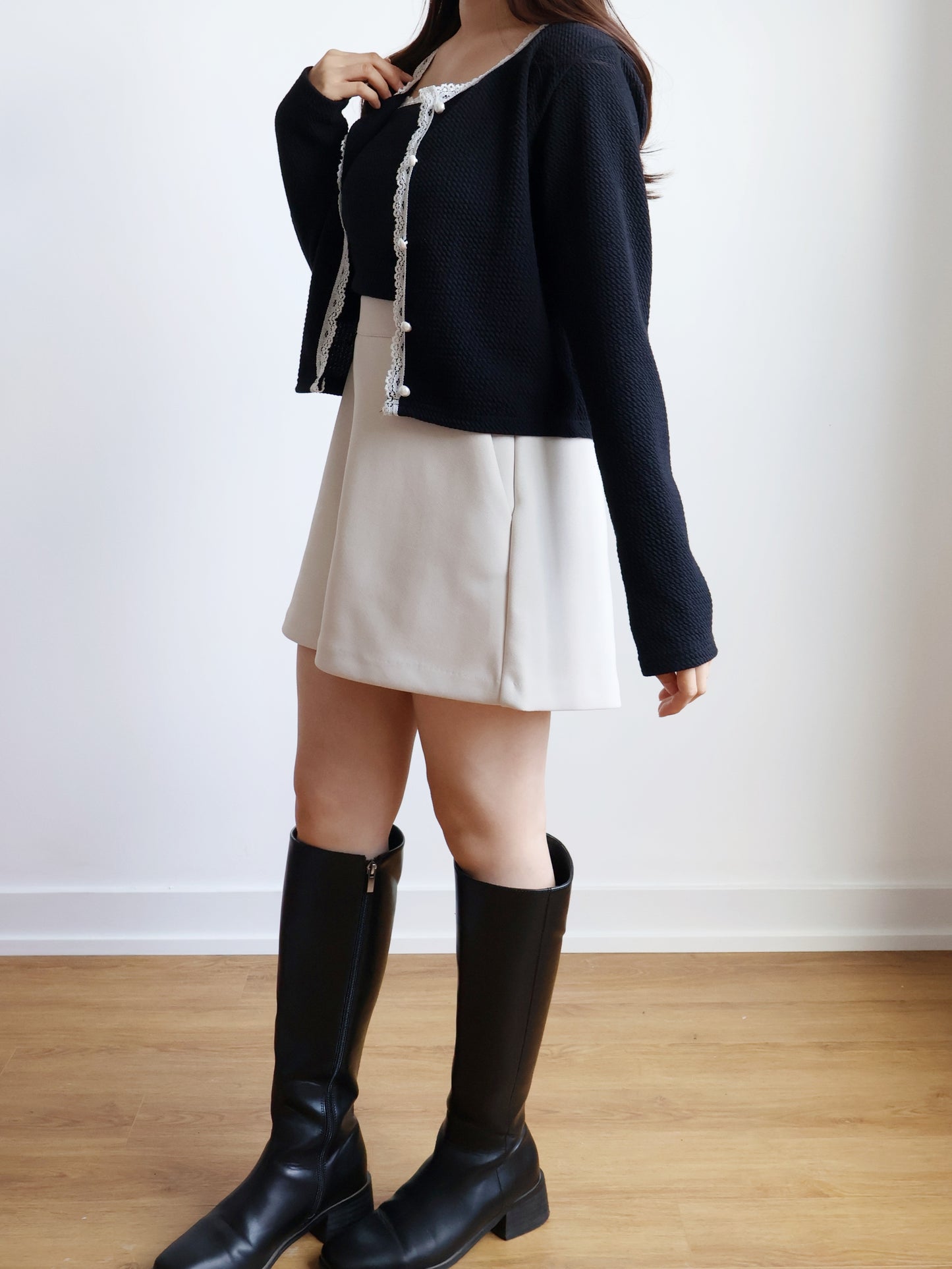 Elegant Pearl Button Lace Trim Two-Piece Set(Black)