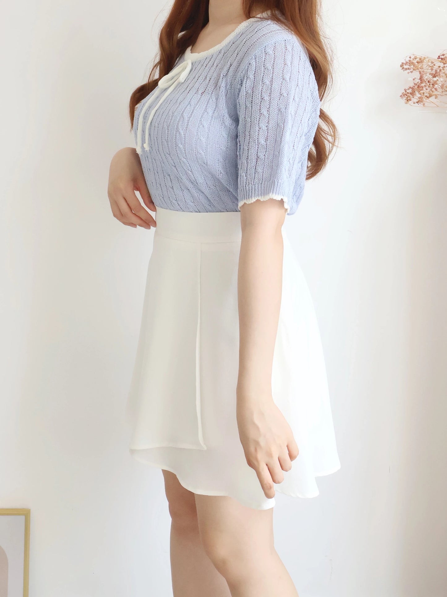 Romantic Square-Neck Contrast-Trim Bow Cable Knit Top(Skyblue)