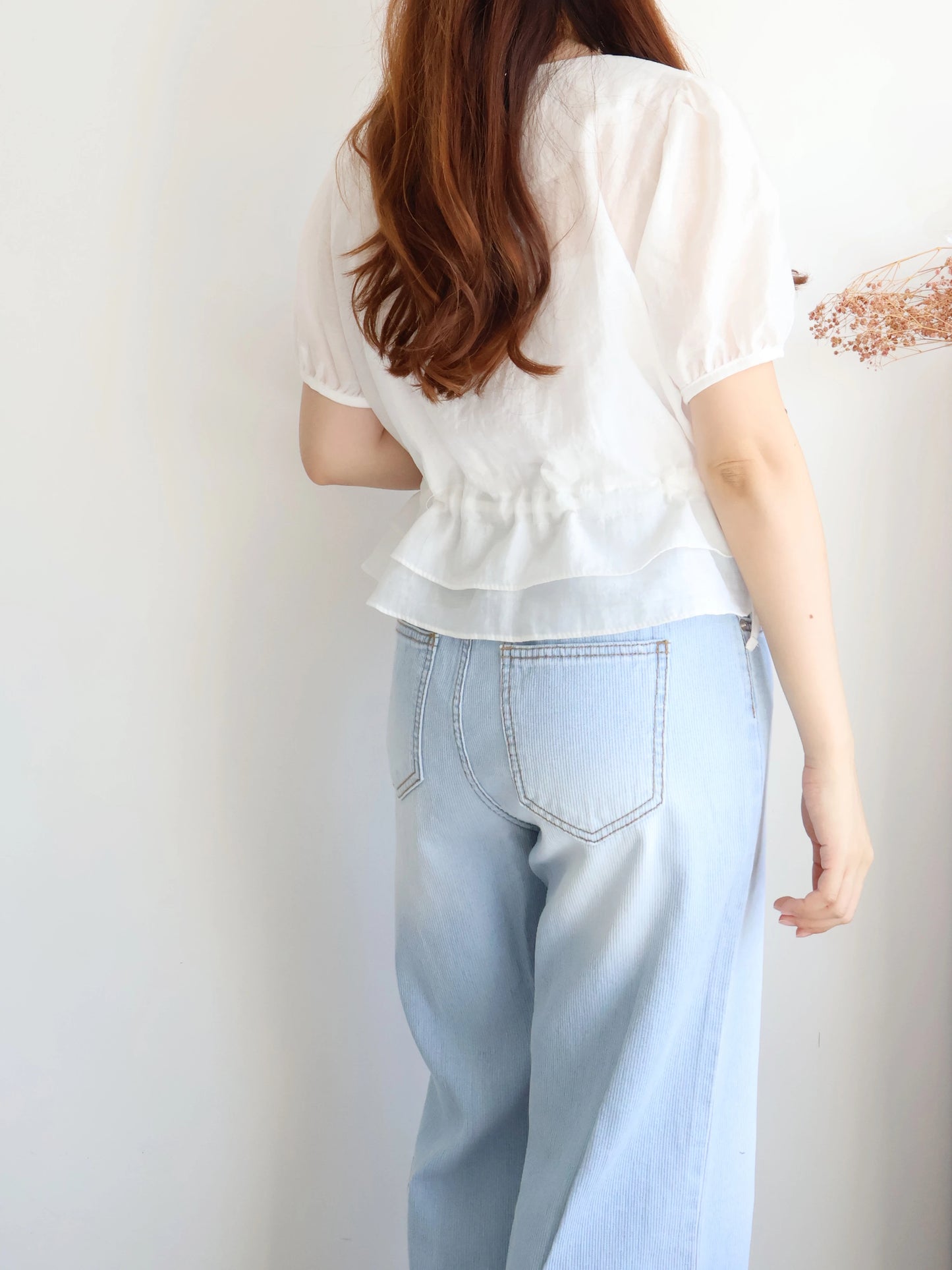 Airy Square-Neck Cinched Chiffon Blouse(Ivory)