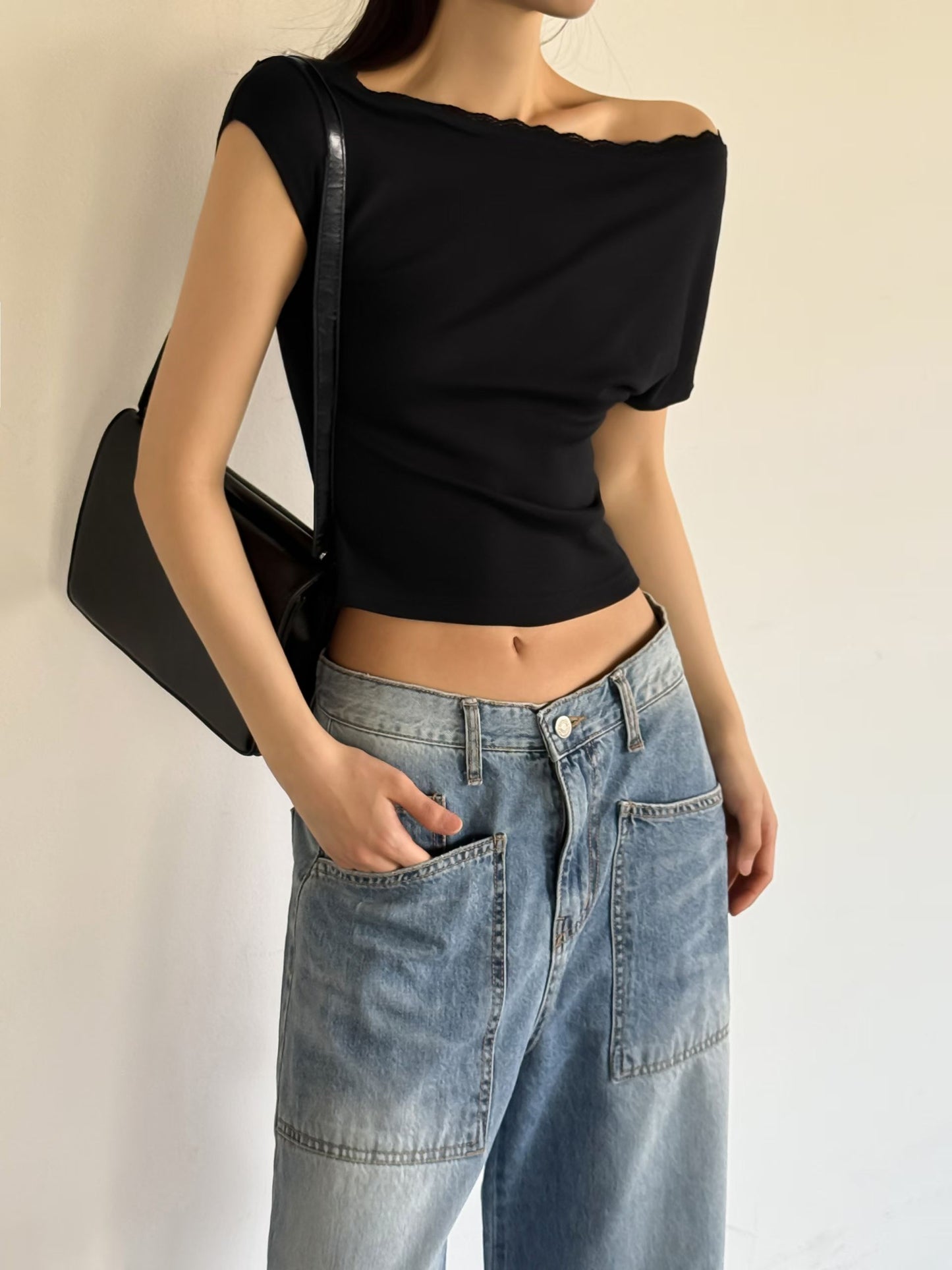 Lace One-Shoulder Cotton Top(4 Colors)