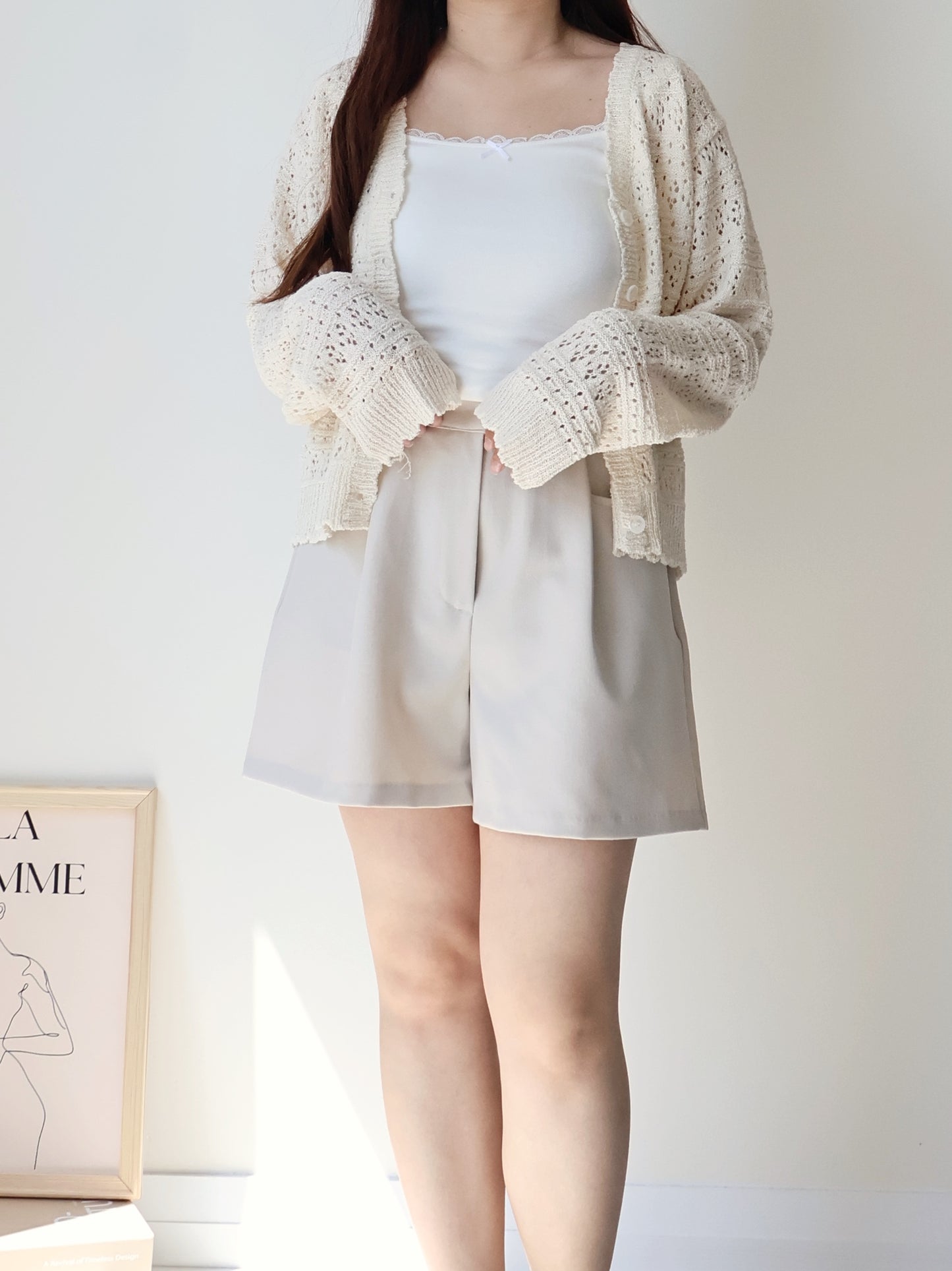 Romance V-Neck Eyelet Knit Cardigan(Beige)
