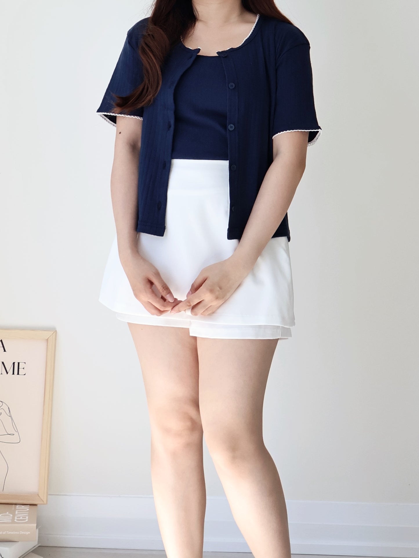 Graceful Contrast-Trim Jacquard Cotton Cami + Cardigan Set(Navy)