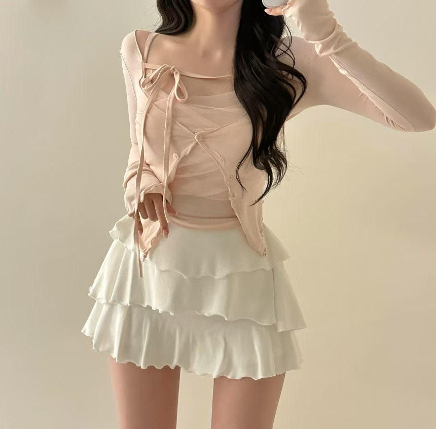 Balletcore Sheer Layered Cami & Cardigan 2-Piece Set(4 colors)