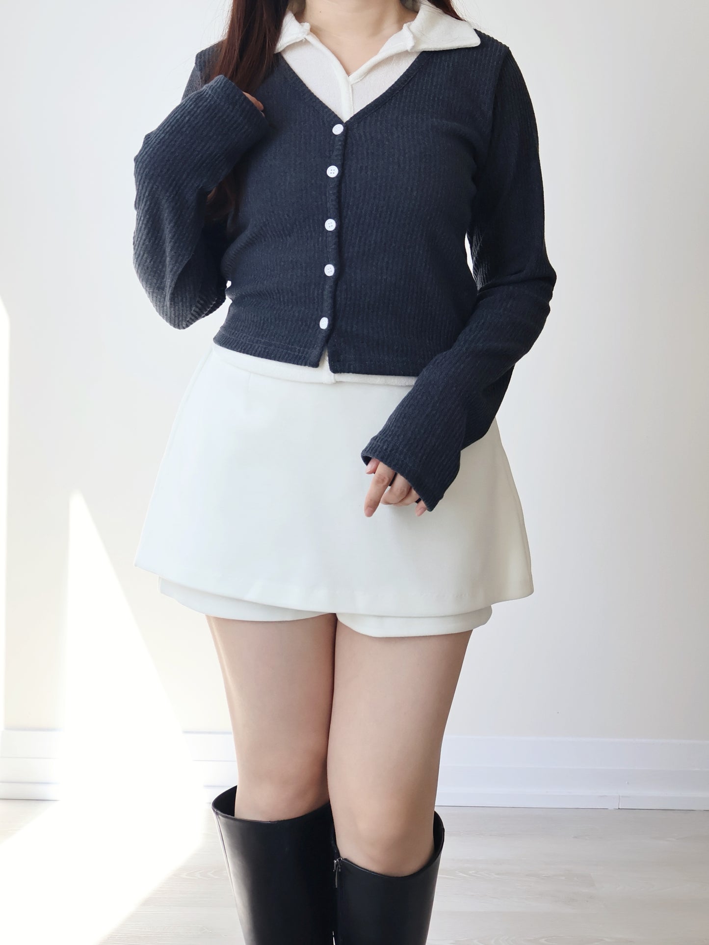 Faux Layered Lapel Button Top(Charcoal)