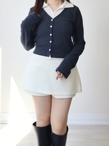 Faux Layered Lapel Button Top(Charcoal)