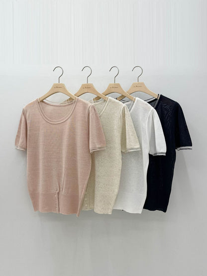 Romantic Crew-Neck Sheer Linen Knit Top(4 colors)