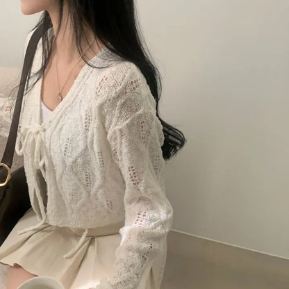 V-Neck Pointelle Tie-Front Knit Cardigan(5 colors)
