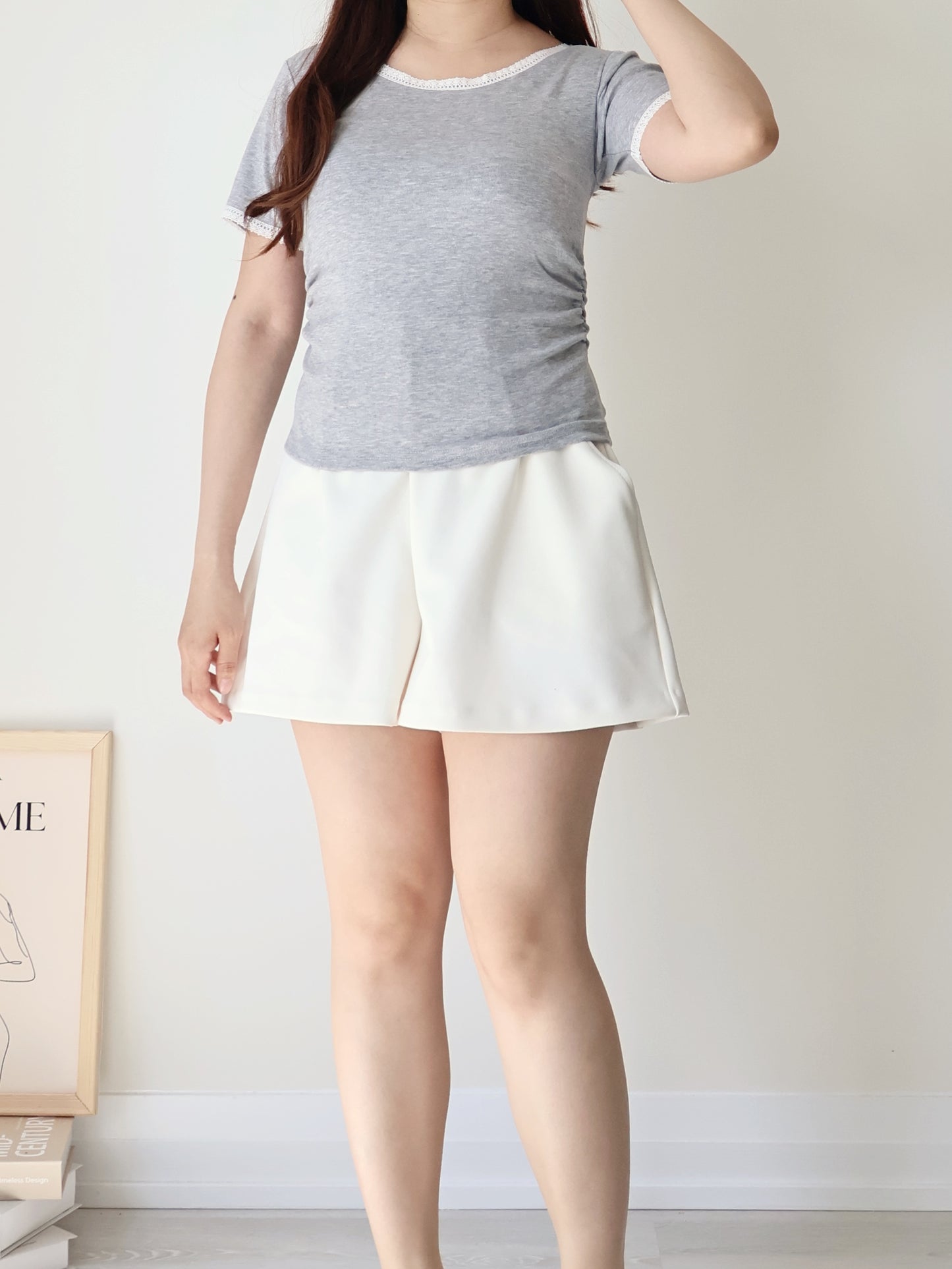 Elegant Slim-Fit Lace Trim Cotton Top(Grey)