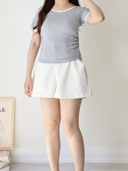 Elegant Slim-Fit Lace Trim Cotton Top(Grey)