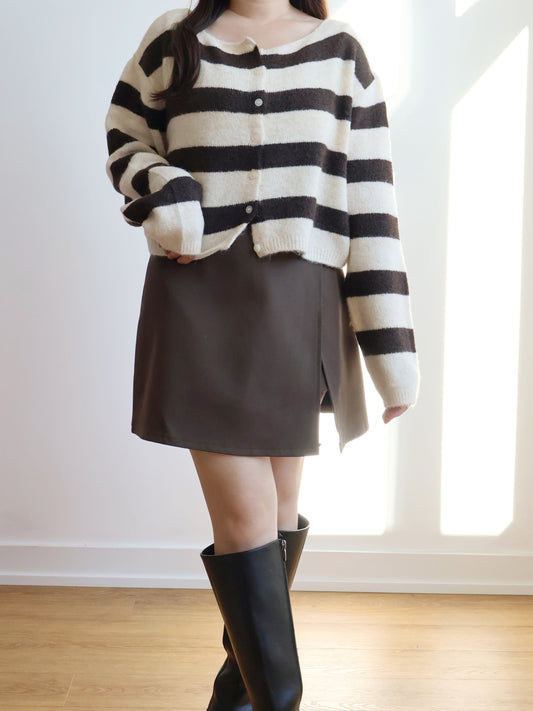 [10% WOOL] Raccoon Striped Cardigan(Coffee)