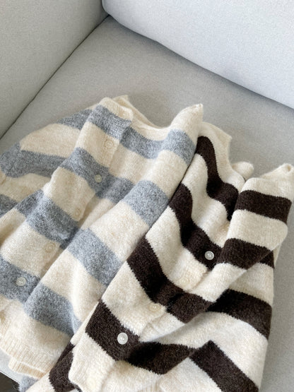 [10% WOOL] Raccoon Striped Cardigan(Light grey)