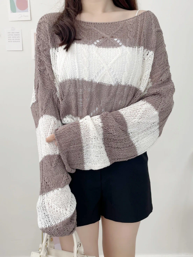 Soft Cable-Knit Colour-Block Top(Brown)