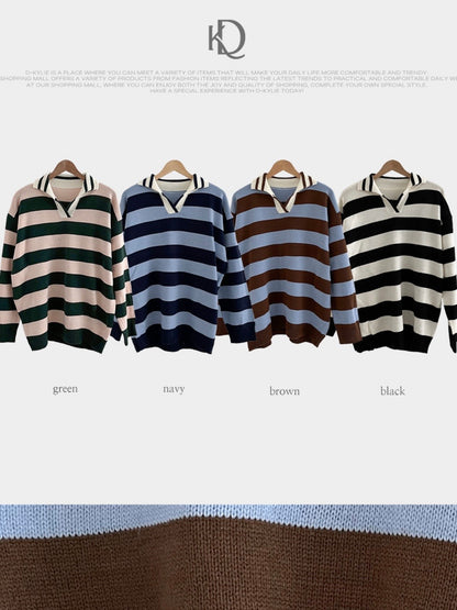 Rugby Stripe Oversized Collar Knit Sweater(4 colors)