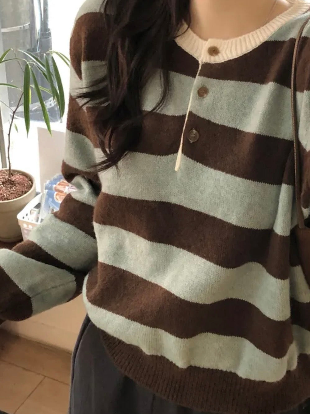 [5% Wool] Henley Neck Two-Tone Striped Sweater(4 colors)