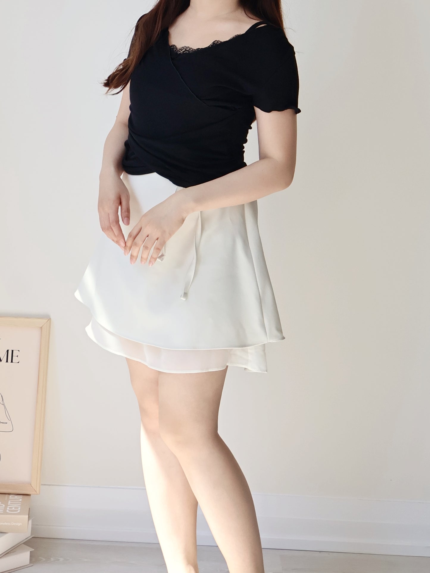 Elegant Lace Trim Layered Wrap Top(Black)