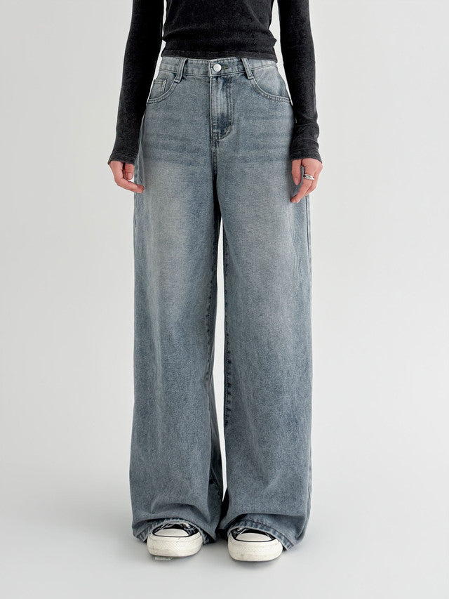 [S-2XL · 3 Lengths] Vintage-Wash Wide-Leg Denim Pants(Dusty blue)