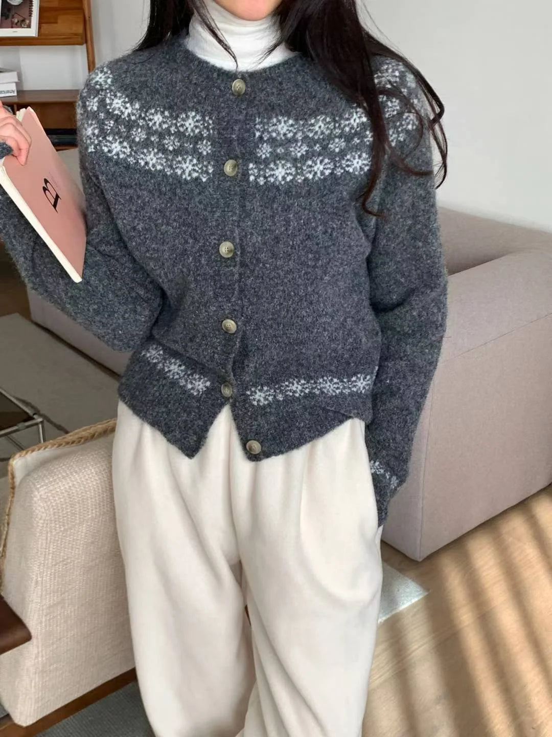 Nordic Snowflake Wool Cardigan(4 colors)