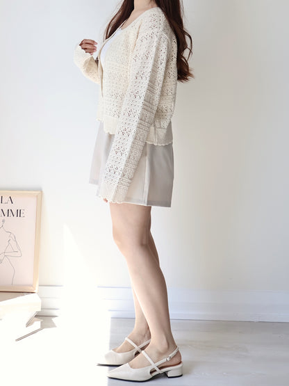 Romance V-Neck Eyelet Knit Cardigan(Beige)