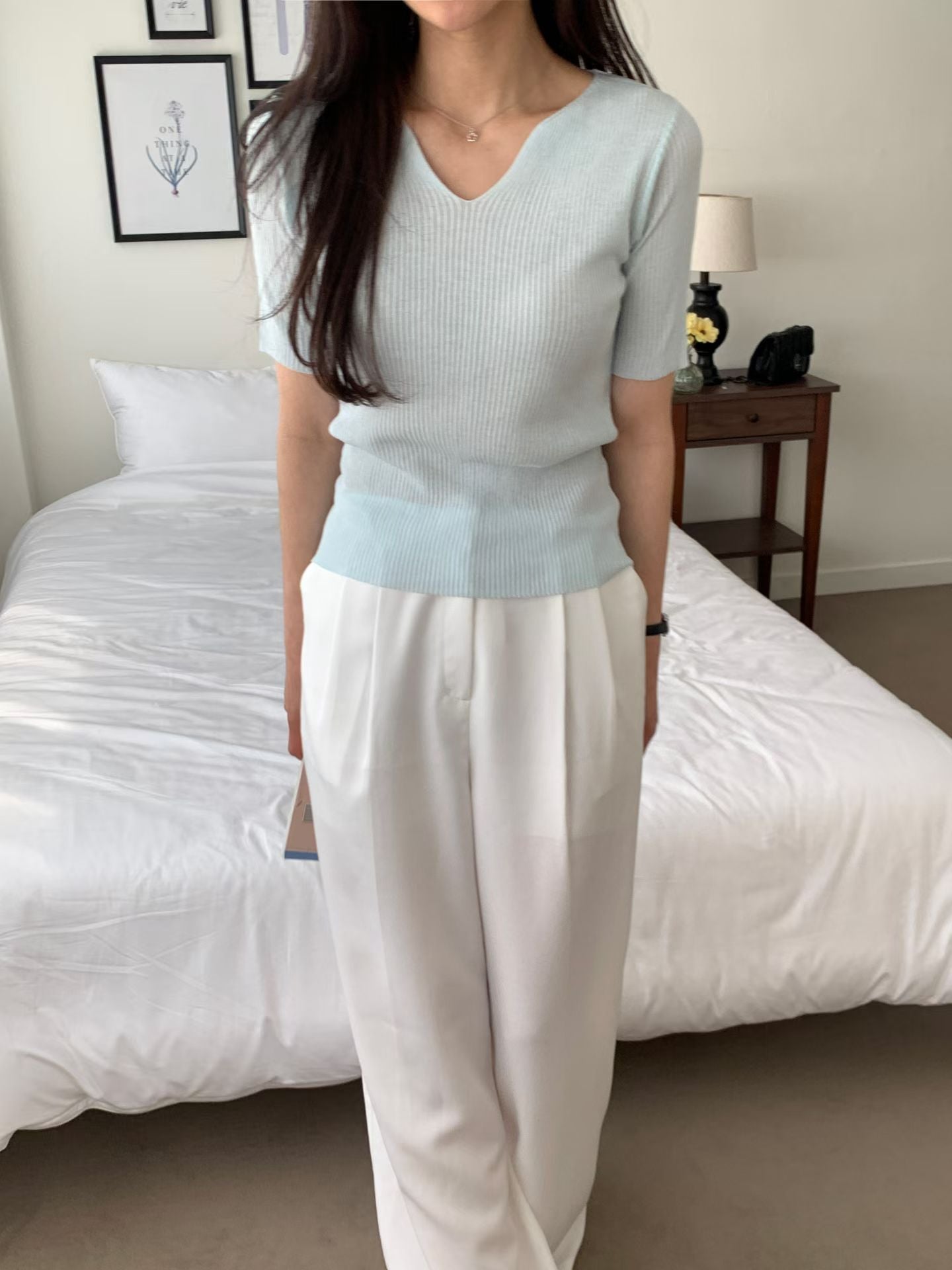 V-Neck Textured Stretch Cooling Knit Top(5 colors)