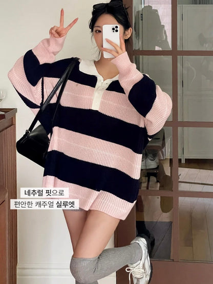 Relaxed Stripe Knit Top with Lapel Collar(4 colors)