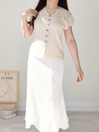 Breezy V-Neck Pointelle Flutter Sleeve Knit Top(Oatmeal beige)