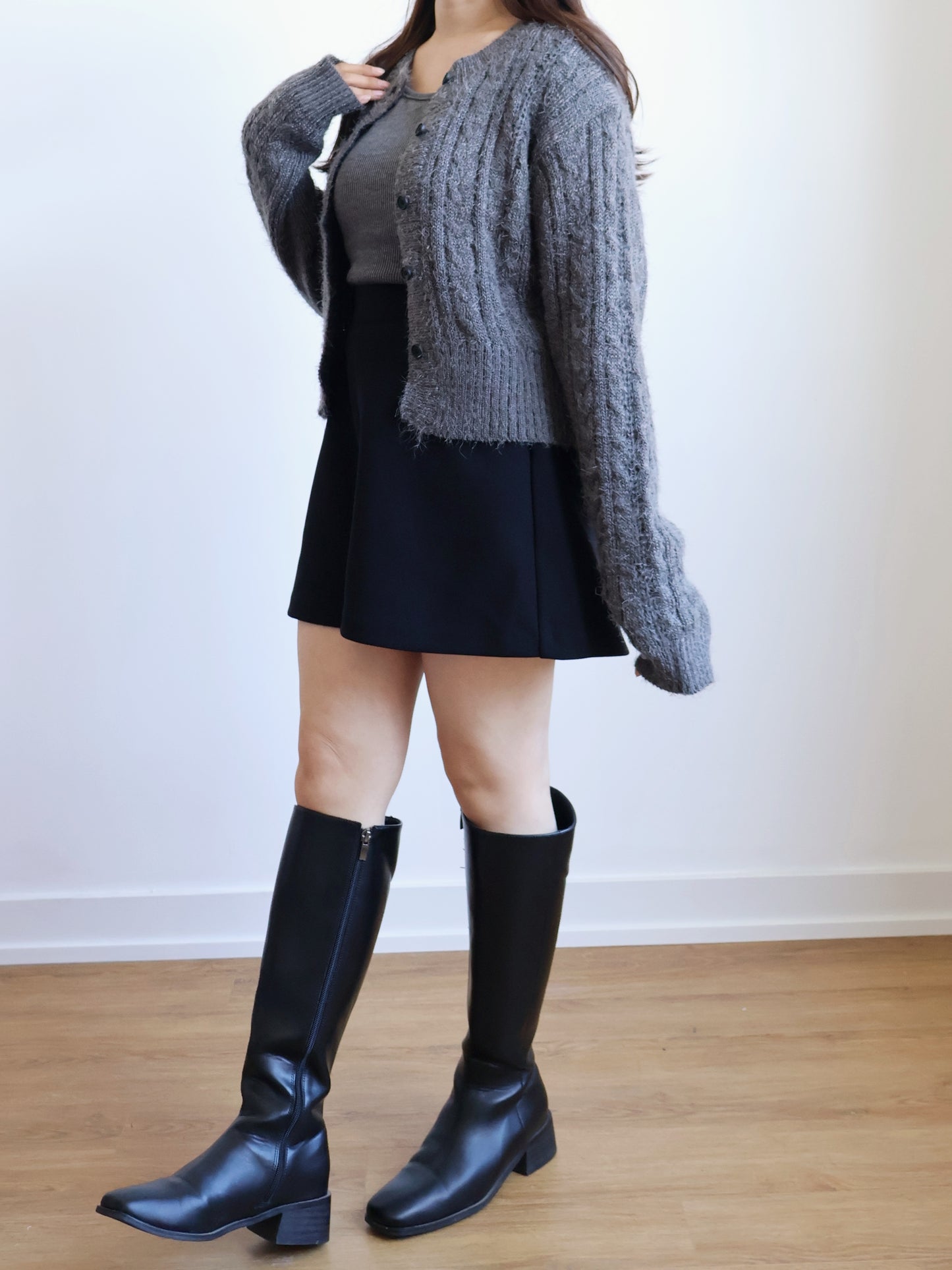Romantic Cable Knit Cardigan(Charcoal)
