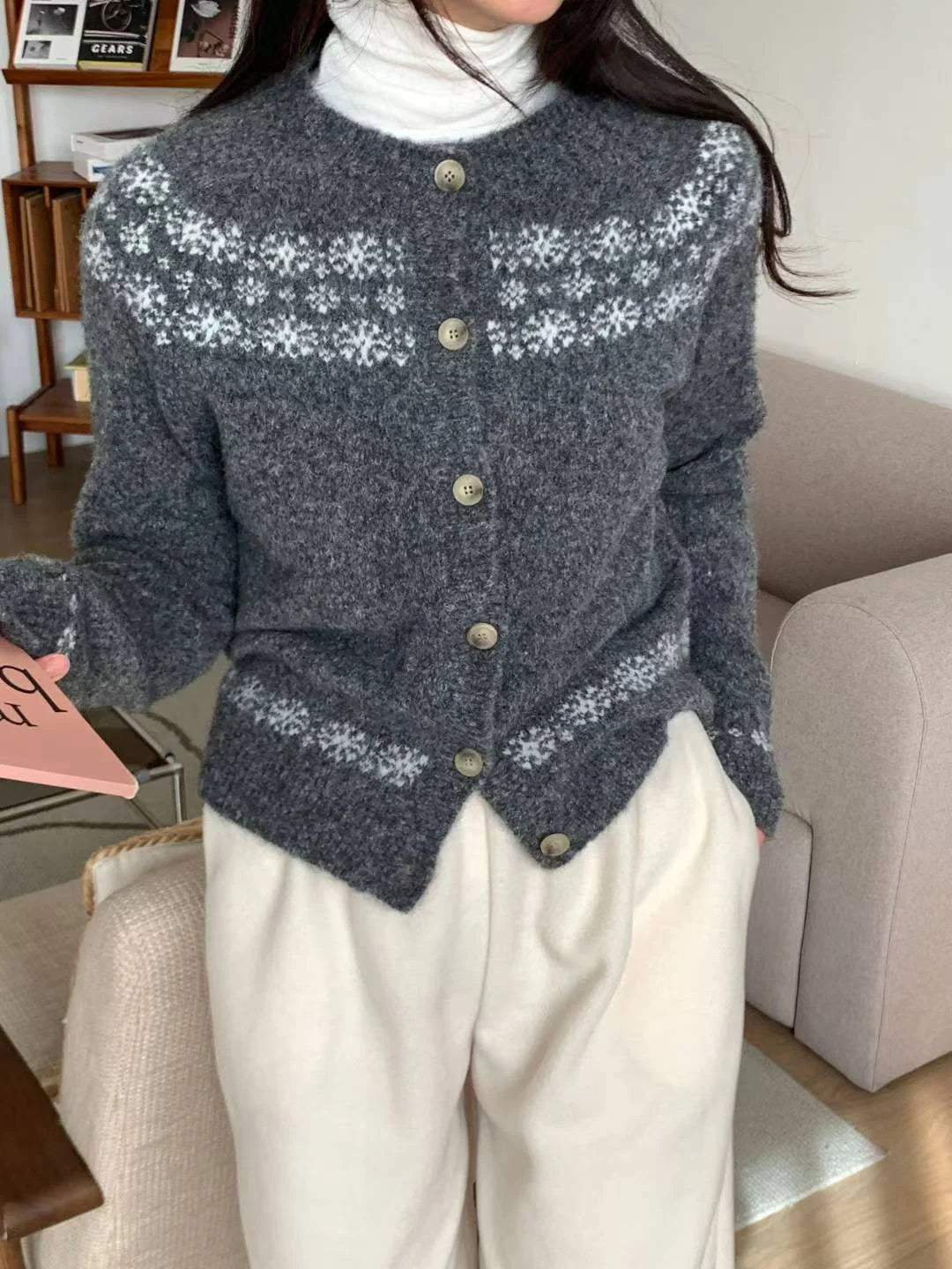 Nordic Snowflake Wool Cardigan(4 colors)