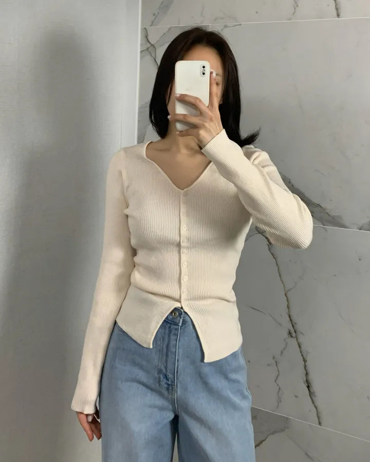 Elegant Sweetheart Neckline Button-Front Stretch Knit Top(5 colors)