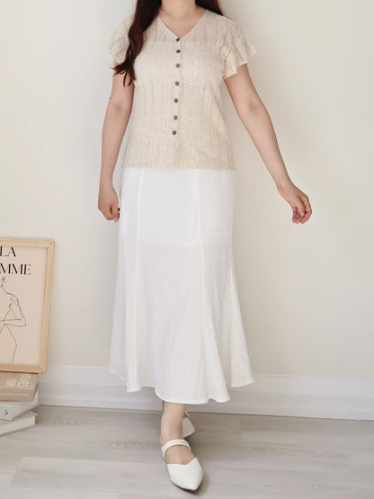 Breezy V-Neck Pointelle Flutter Sleeve Knit Top(Oatmeal beige)