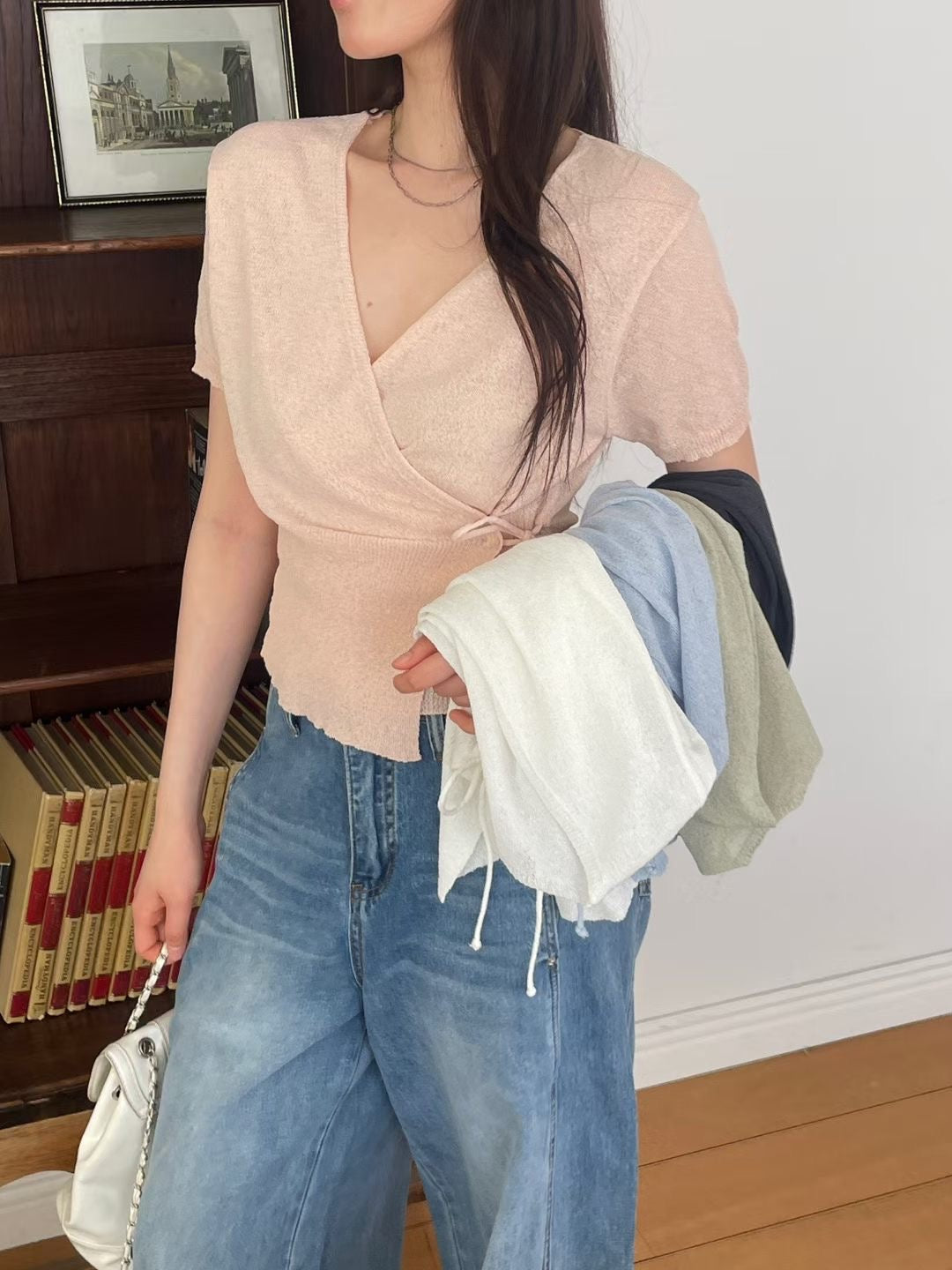 Elegant Tie-Detail Wrap Knit Top(5 Colors)