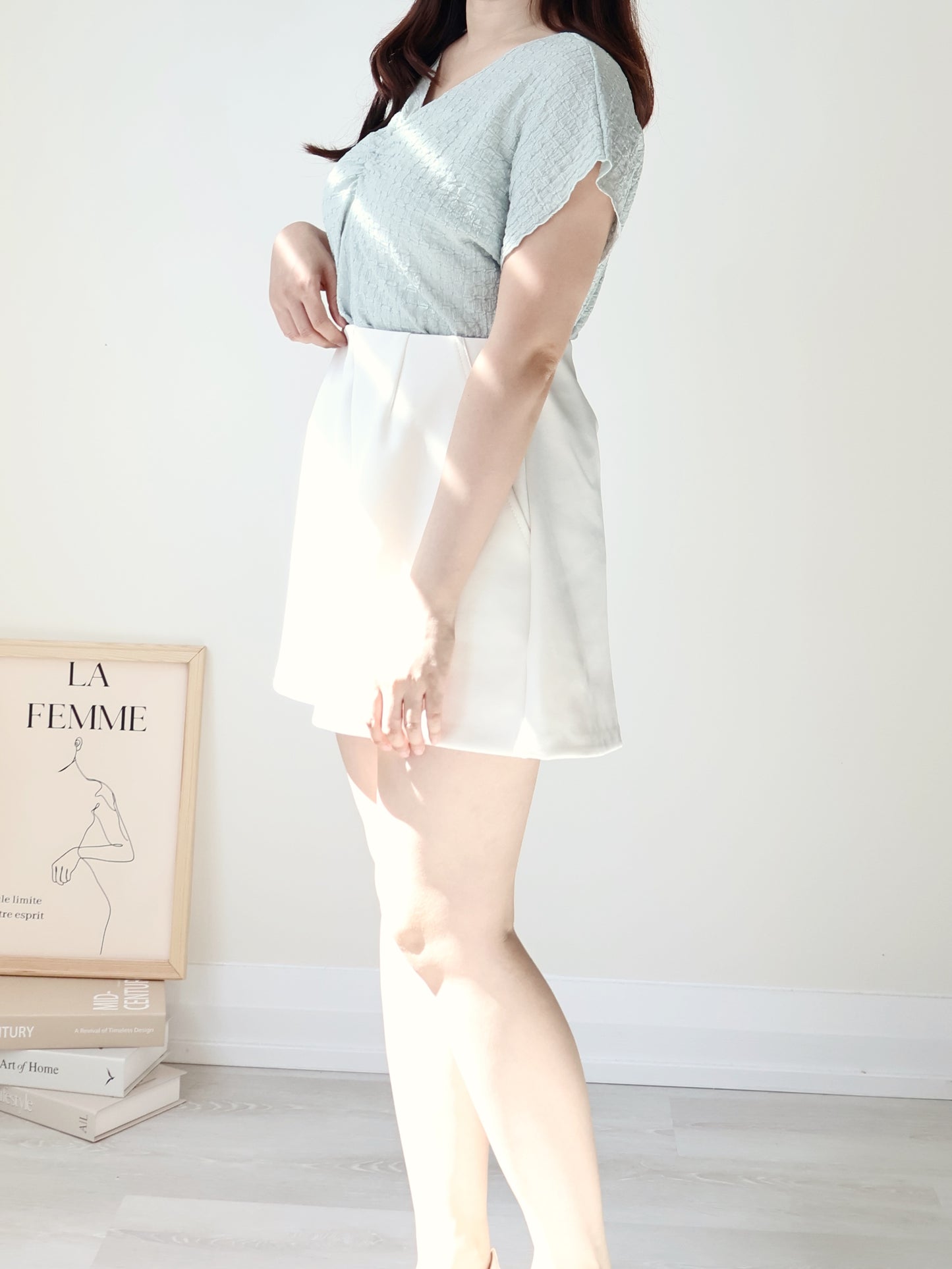 [Wrinkle-Free] V-Neck Waffle Arm-Concealing Top(Mint)
