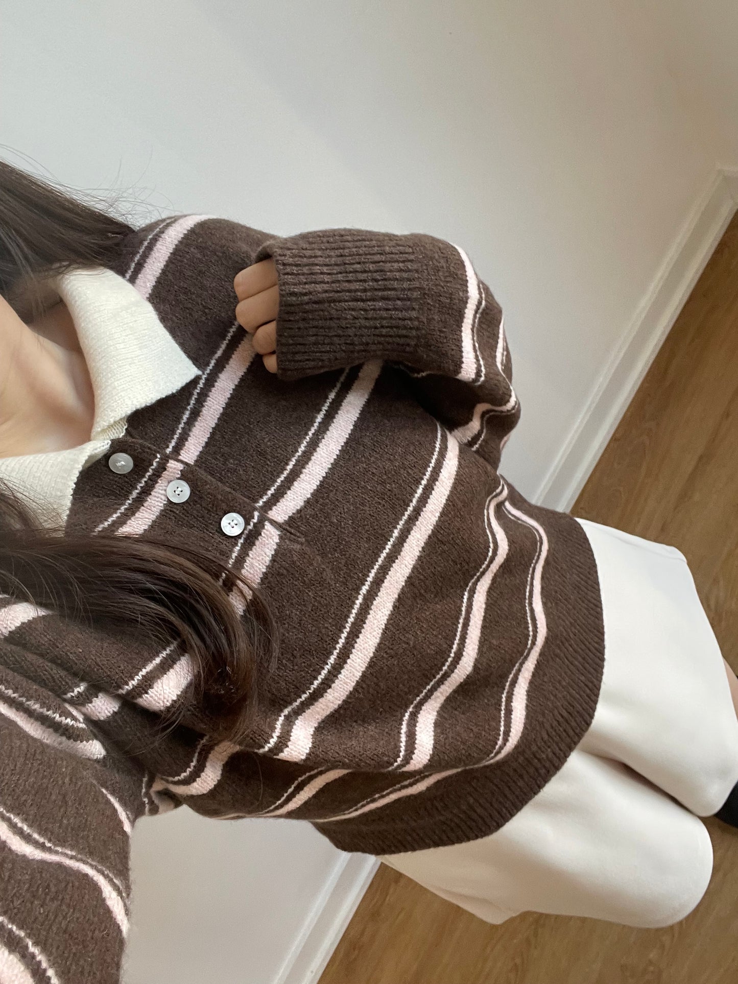 Teddy Collar Striped Sweater