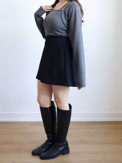 Ribbed Asymmetrical String T-shirt(Charcoal)