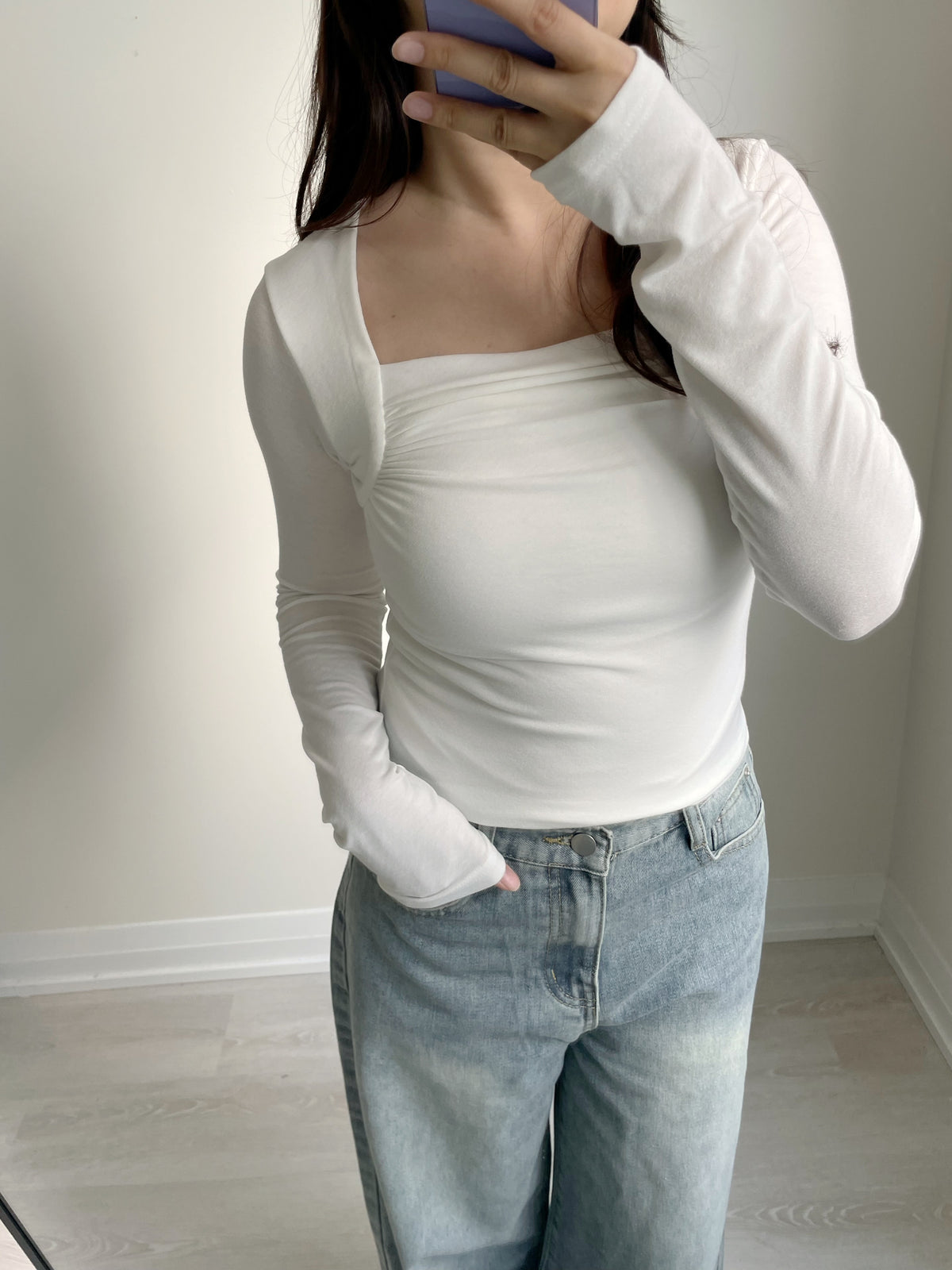 Square-Neck Pleated High-Stretch Top(Ivory)