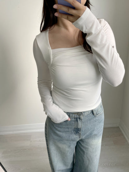 Square-Neck Pleated High-Stretch Top(Ivory)