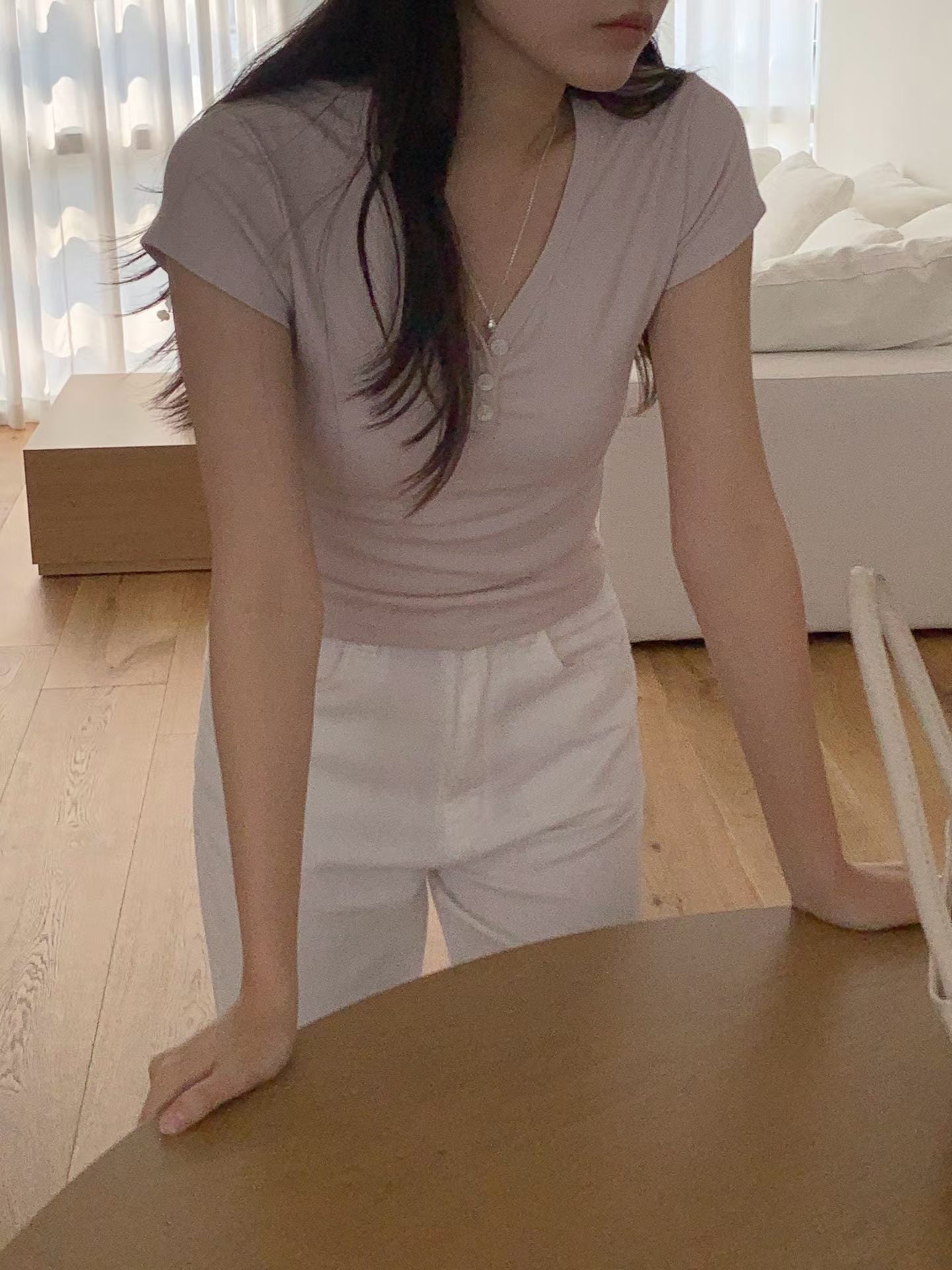 Minimalist V-Neck Button-Up Cotton Tee(3 Colors)