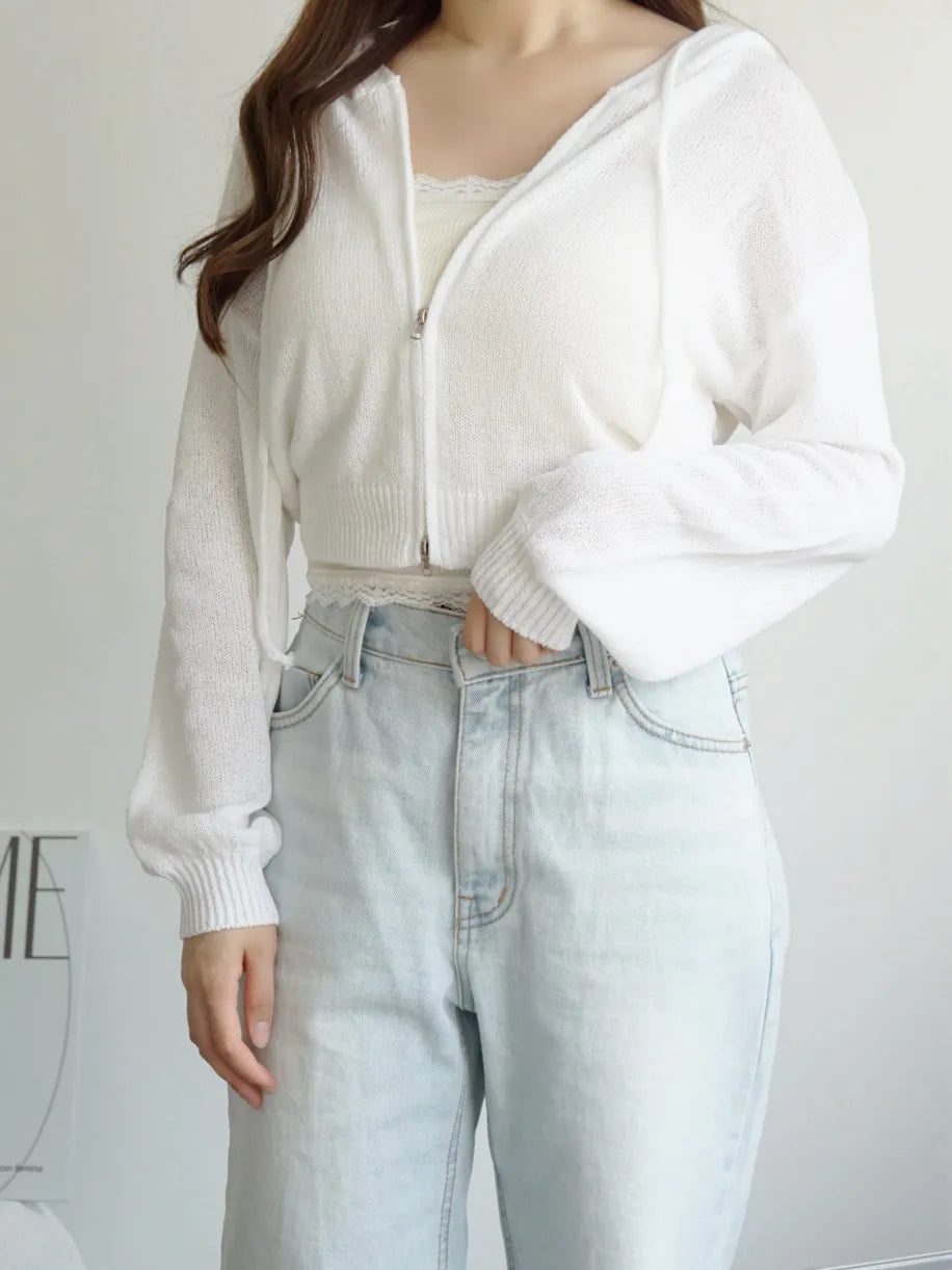 [3-WAYS] Sporty Hooded Zip Knit Cardigan(Ivory)