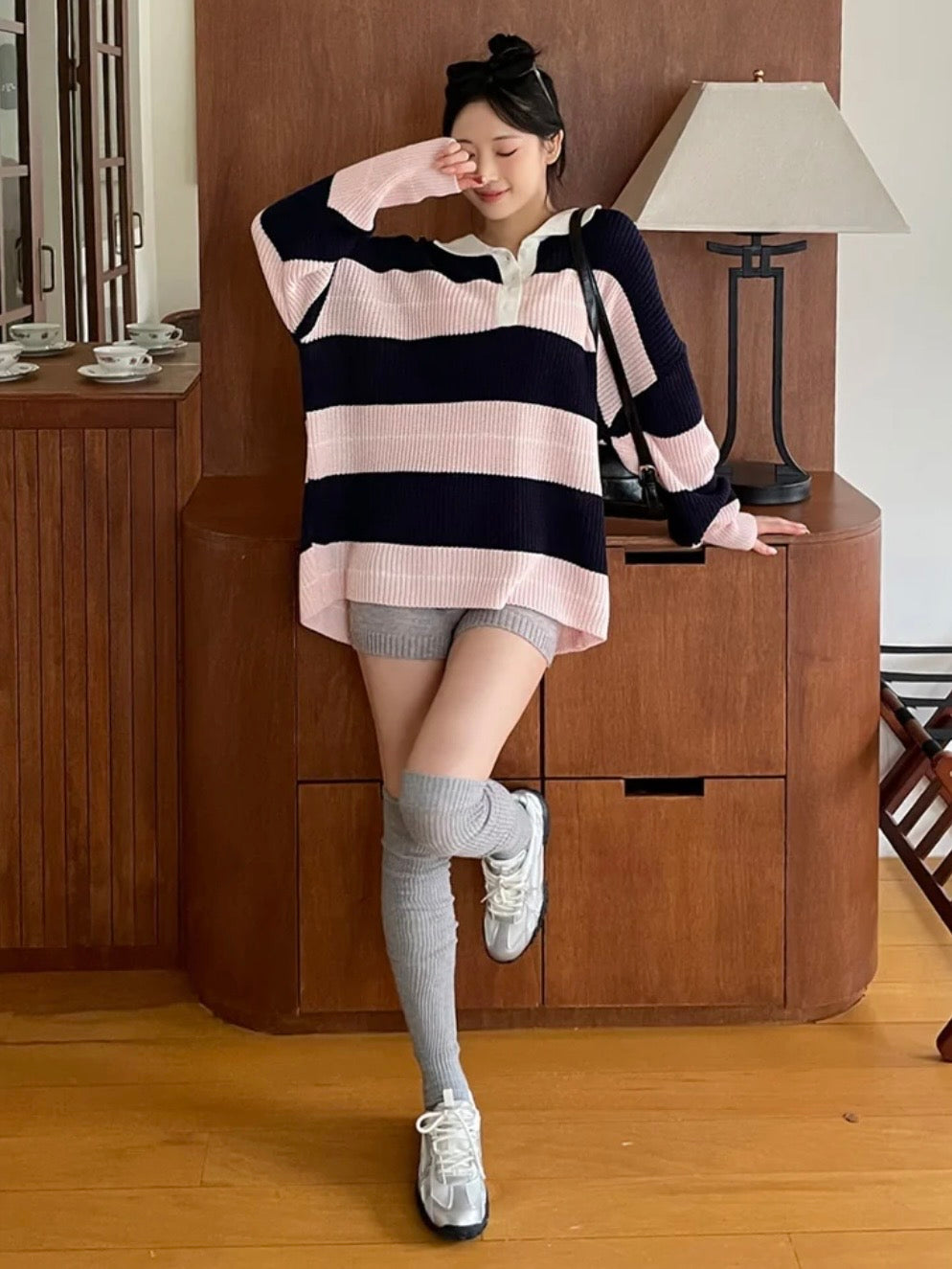 Relaxed Stripe Knit Top with Lapel Collar(4 colors)