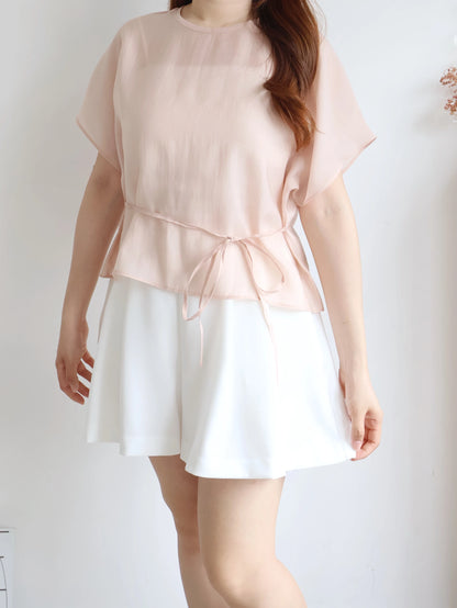 Elegant Tie Detail Flutter-Sleeve Tencel Blouse(Peach)