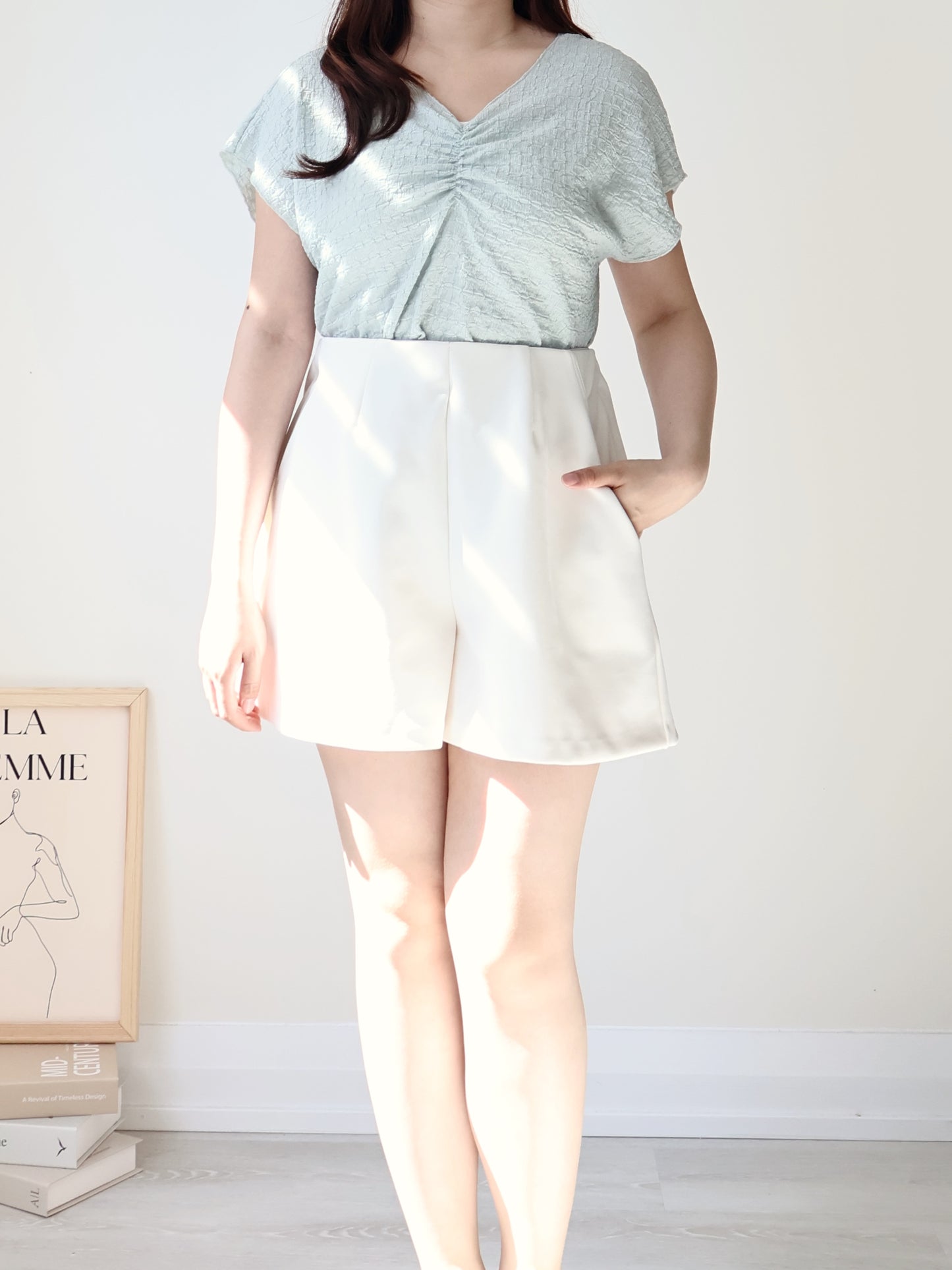 [Wrinkle-Free] V-Neck Waffle Arm-Concealing Top(Mint)