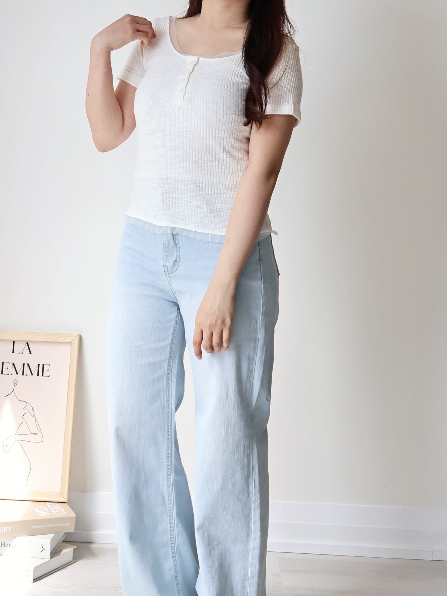 Romantic Half-Button Sheer Top(Ivory)